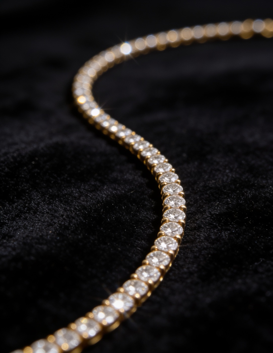 Yellow-gold diamond line necklace coiled on black velvet