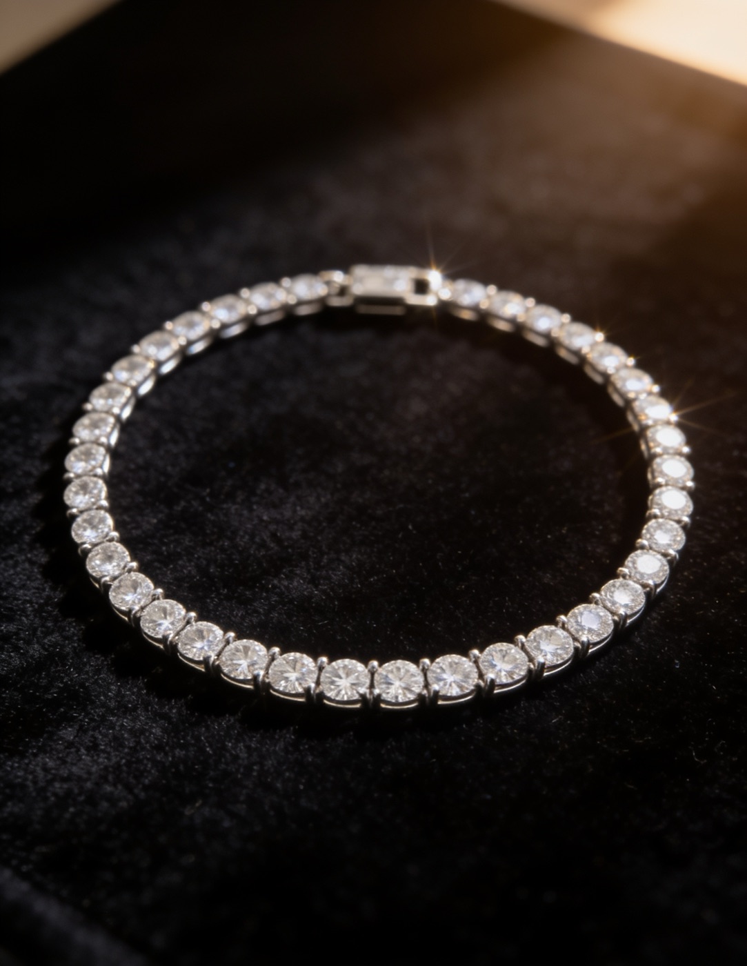 A platinum diamond tennis bracelet fastened in a full circle